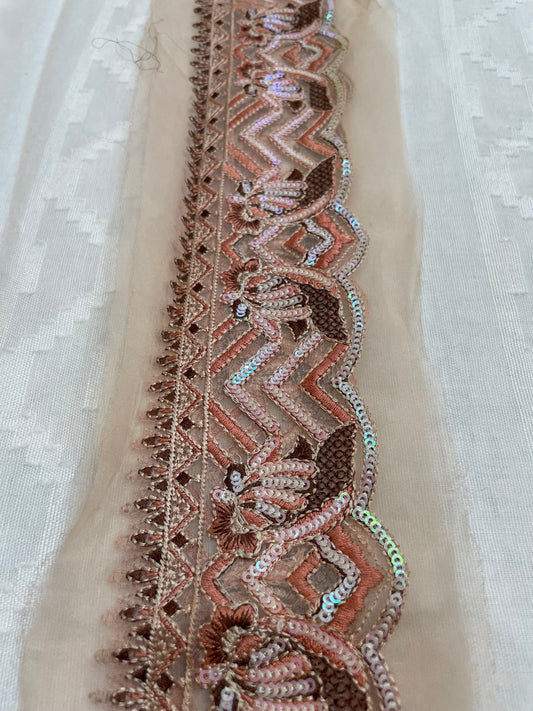 Peach Pink Sequence Embroidery Border